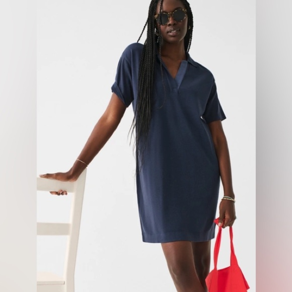 Faherty Women's S Sunwashed Pique Polo Dress Navy Blue Stretch Relaxed Fit